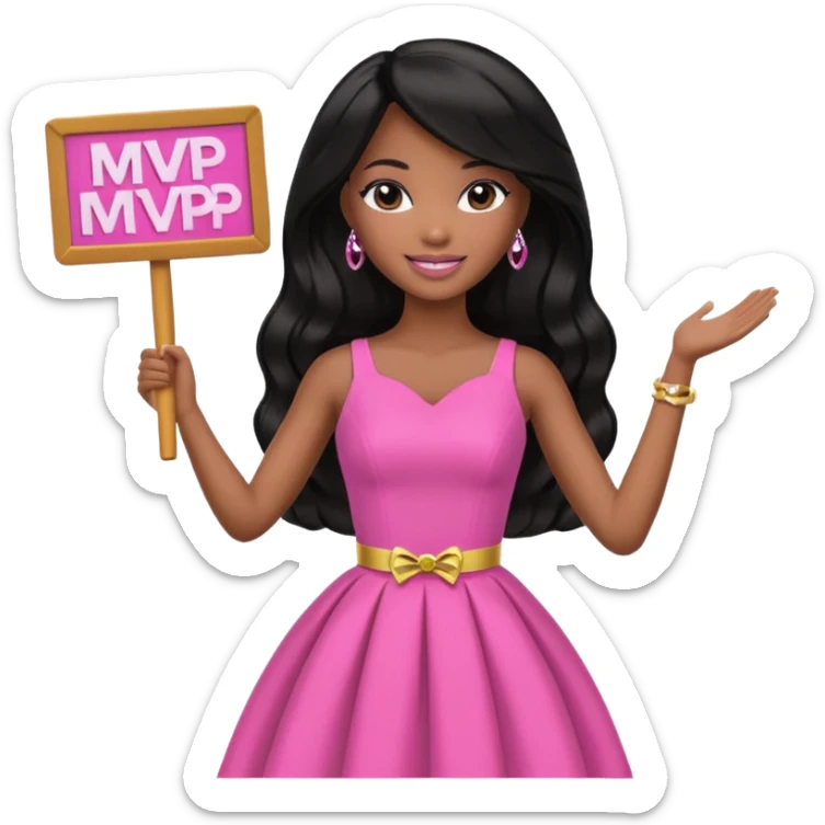 Black barbie, long black  hair, pink dress holding mvp sign  sticker