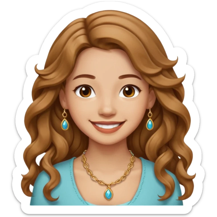 Please generate a portrait of a pretty girl with long, wavy, light brown hair., she's smiling. sticker
