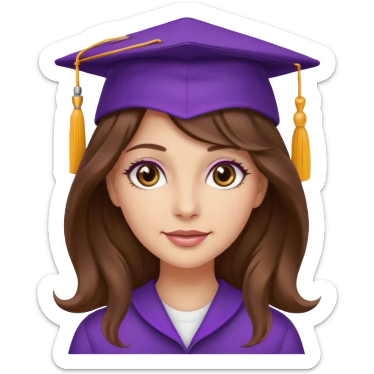 beautiful  woman normal skin with more wavy long long brown hair and hazel eyes with purple school hat sticker