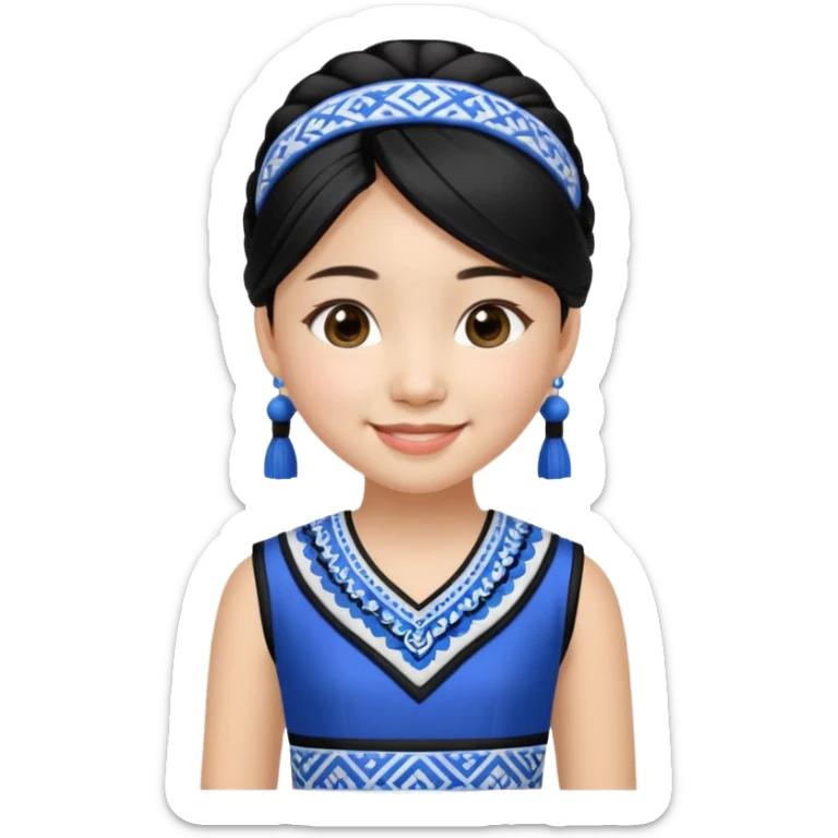 Make a hmong girl emoji in a blue, white, and black Hmong inspired dress sticker