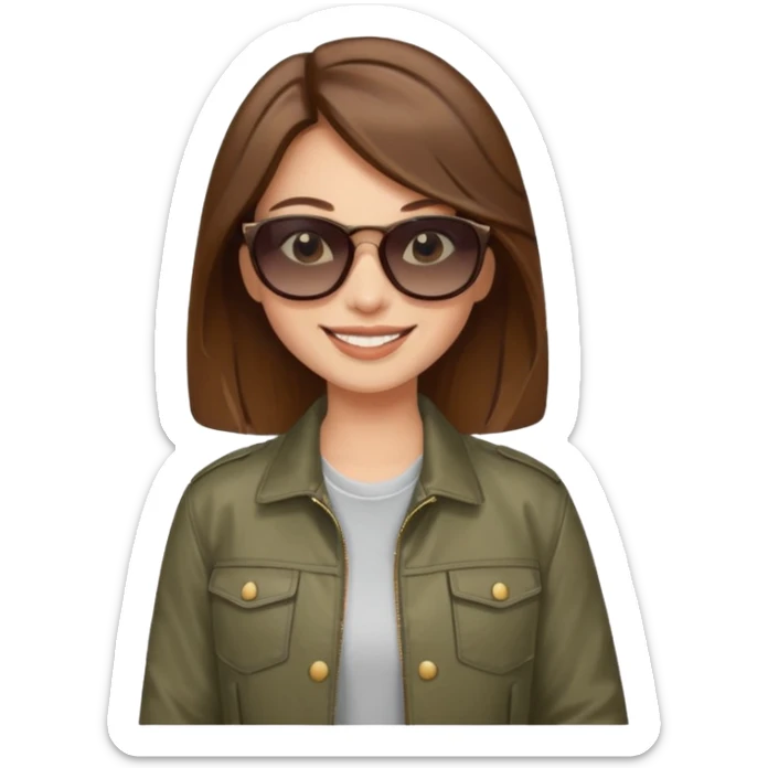 emoji of a young fashionable woman, long wavy brown hair, wearing sunglasses and a trendy jacket, smiling sticker