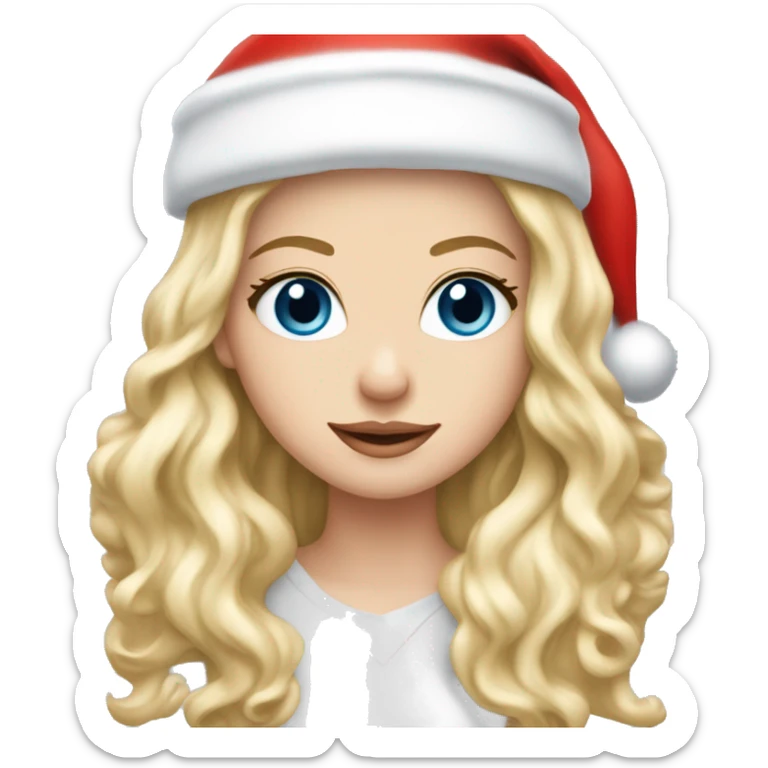 Pretty blue eyed white girl with blonde long wave hair with a santa claus hat sticker