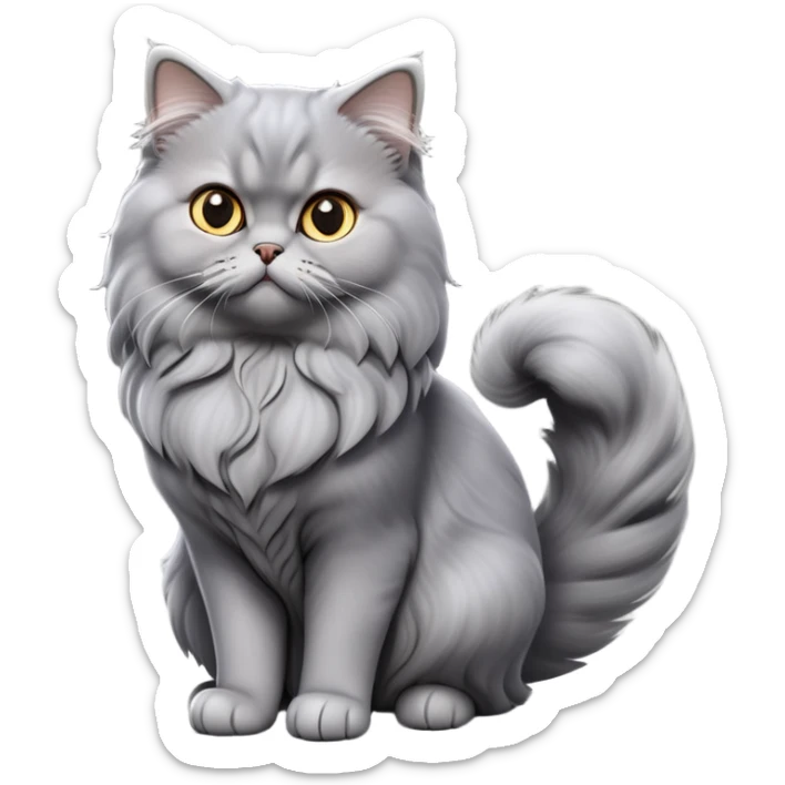 cinematic-[grey persian cat]-realistic-full-body-sitting-emoji,-tail-curled-playfully-around-its-paws,-head-tilted-dramatically,-fluffy-[grey]-fur,-simplified-yet-realistic-focused-features,-highly-detailed,-glowing-with-an-almost-sarcastic-glow sticker