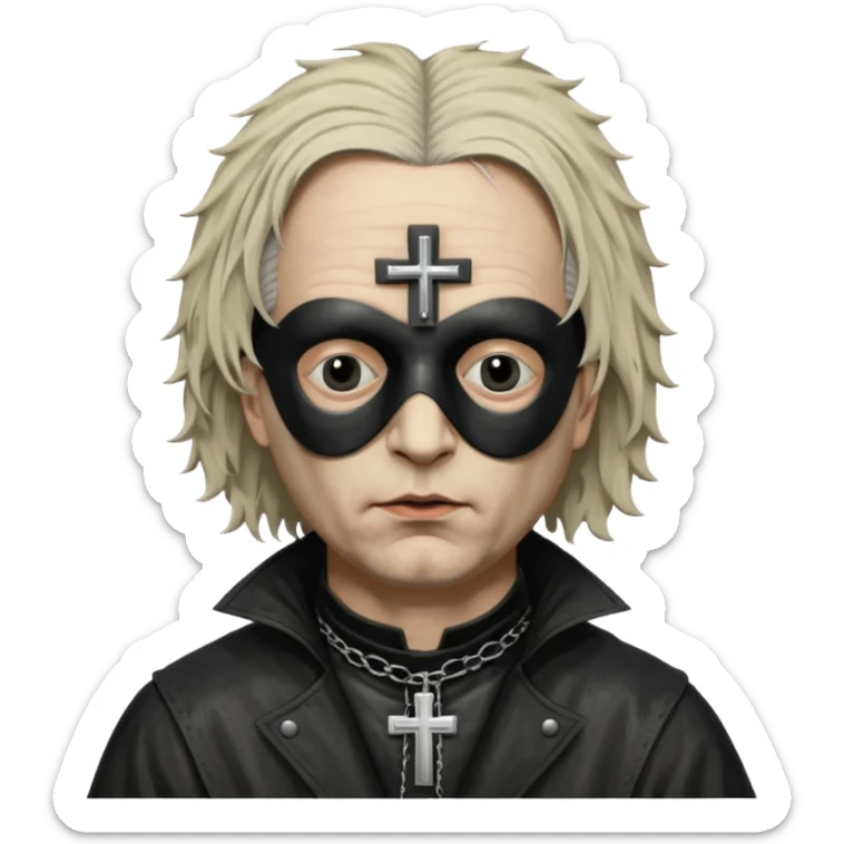 cinematic ultra HD portrait of Joel-Peter Witkin,  he wears a small black mask, a small crucifix is ​​sewn onto the black mask between the eyes of the portrait, he wears a worn leather coat and very disheveled hair sticker