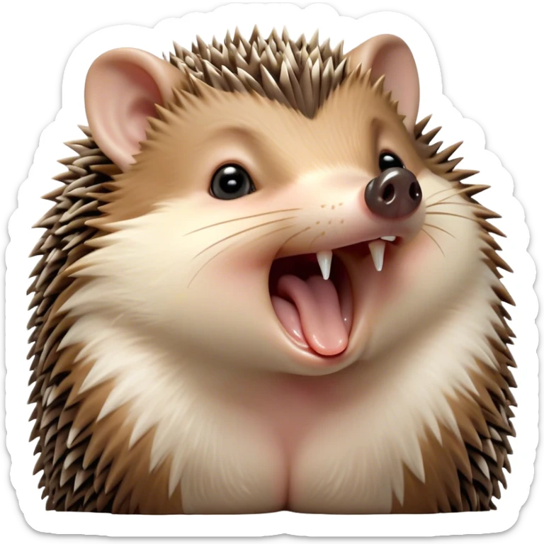 Cinematic Cute Yawning Hedgehog Portrait Emoji, Head tilted slightly with a dramatic, wide-open yawn, showcasing a soft, downy brown Fur with tiny, droopy ears and eyes barely open in drowsy contentment, Simplified yet irresistibly adorable features, highly detailed, glowing with a soft, cozy glow, high shine, relaxed yet expressive, stylized with a touch of natural whimsy, bright and endearing, soft glowing outline, capturing the essence of a sleepy yet affectionate hedgehog, so drowsy it feels like it could curl up out of the screen for a nap! sticker