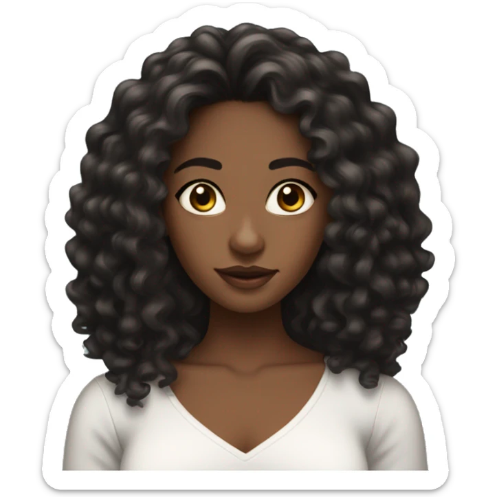 pretty black woman with super long black curly hair and brown almond eyes with white top  sticker