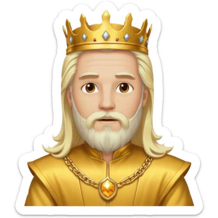 King Midas with long platinum blonde hair and beard, gold outfit sticker