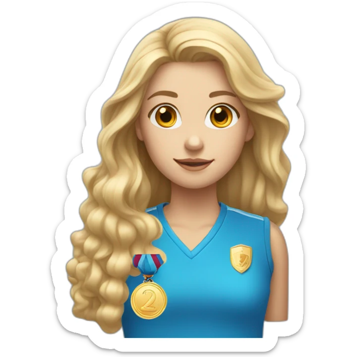 blonde girl with long hair dressed in a blue shirt with pearl earrings and a golden medal sticker