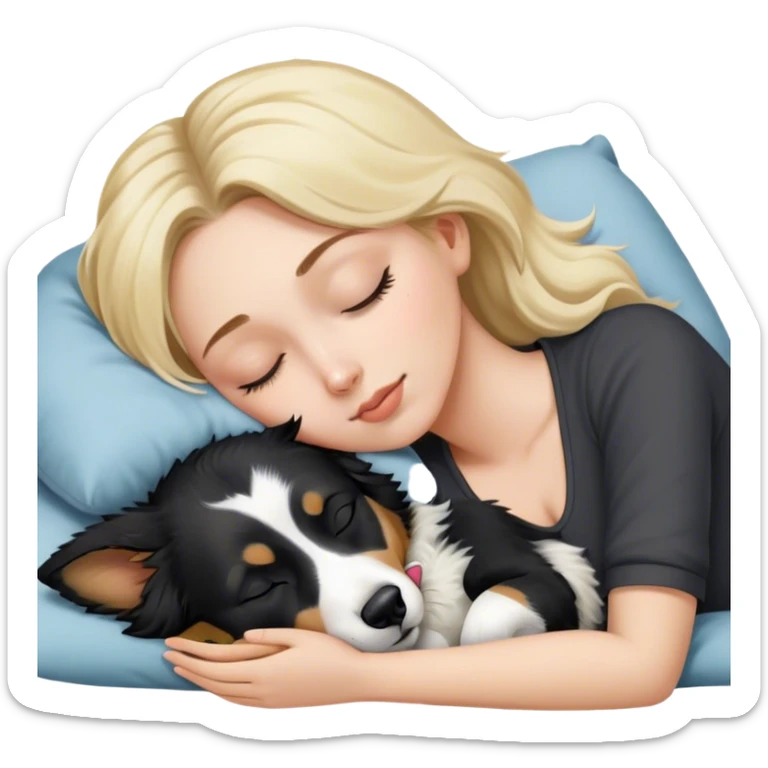 White girl blonde hair sleeping with black and white Australian shepherd with his ears perked up sticker