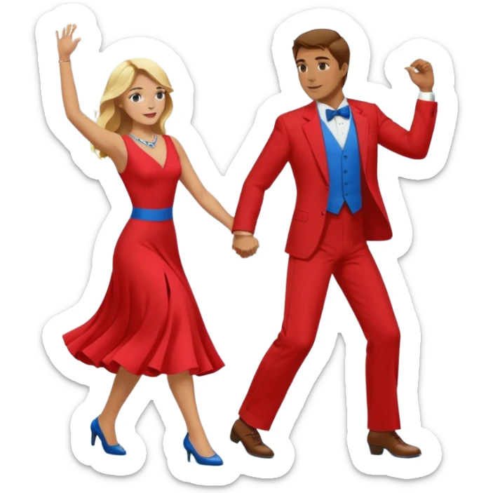 Two people. Man  wearing all red  with brown hair. Women iall blue with blond hair. Swing Dancing.  sticker