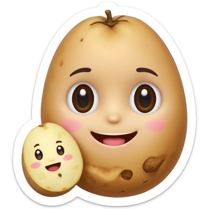 cheerful emoji character with a round head, big shiny eyes, and a cute smile, holding a bitten potato, blushing, simple and friendly, LINE/Kakao Friends style sticker