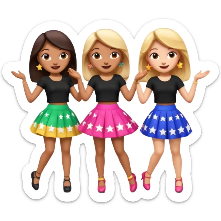 Three 3D cartoon women dancing in colorful skirts and black tops with stars, cheerful expressions, bright background, Memoji-style rendering. sticker