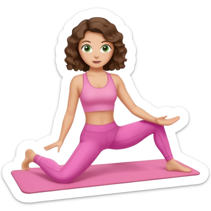 White, green-eyed, brunette cute feminine lady emoji with wavy hair doing pilates wearing pink pilates fit sticker