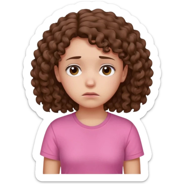 Young girl with curly hair and a pink T-shirt, looking sad and discouraged sticker