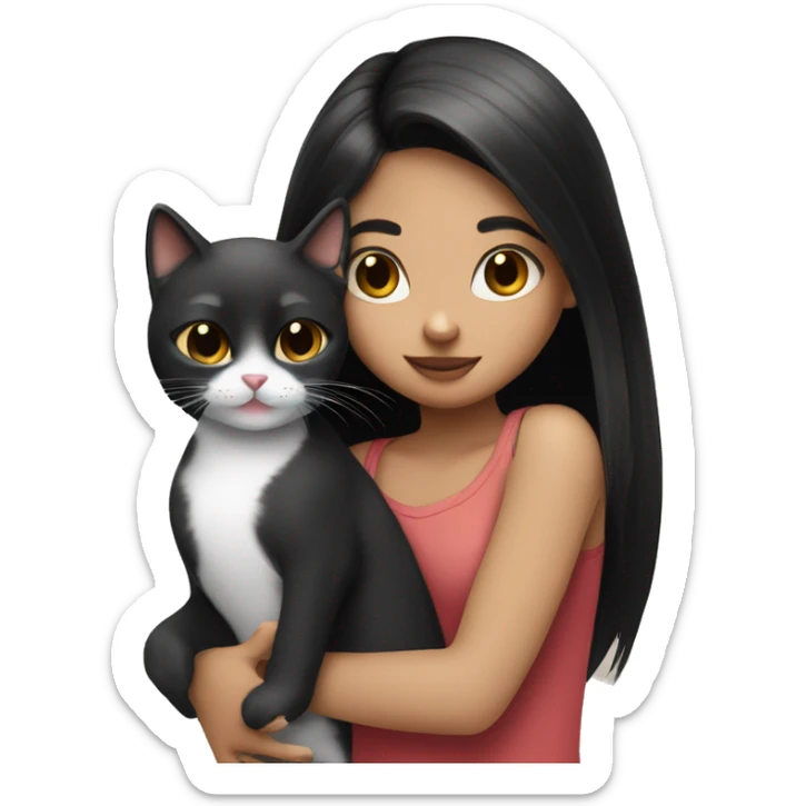girl with straight black hair cuddling black and white cat with tongue out sticker