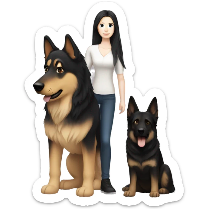 pale skin woman with long black hair standing by a german shepherd  sticker