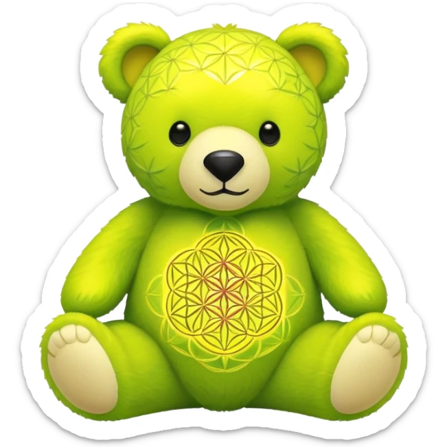 neon green bear with the flower of life on its tummy in ywlloe sticker