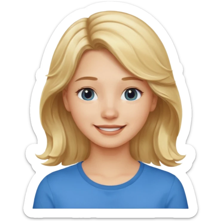 Happy blond girl with light weavy hair with a blue shirt but we can see only her face and neck and the top of the t shirt, no whole body sticker