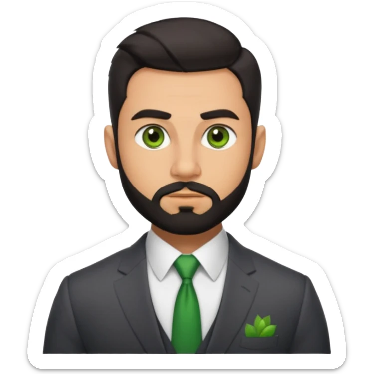 green eyes, dark short hair, muscular shoulders, big lips big nose big eyes, masculine good looking, dark beard wearing a suit buttons of the shirt open and olive skin tone  sticker