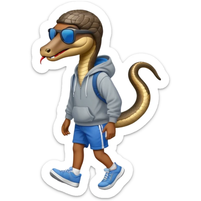 anthropomorphised snake wearing sunglasses, hoodie and shorts, walking upright sticker