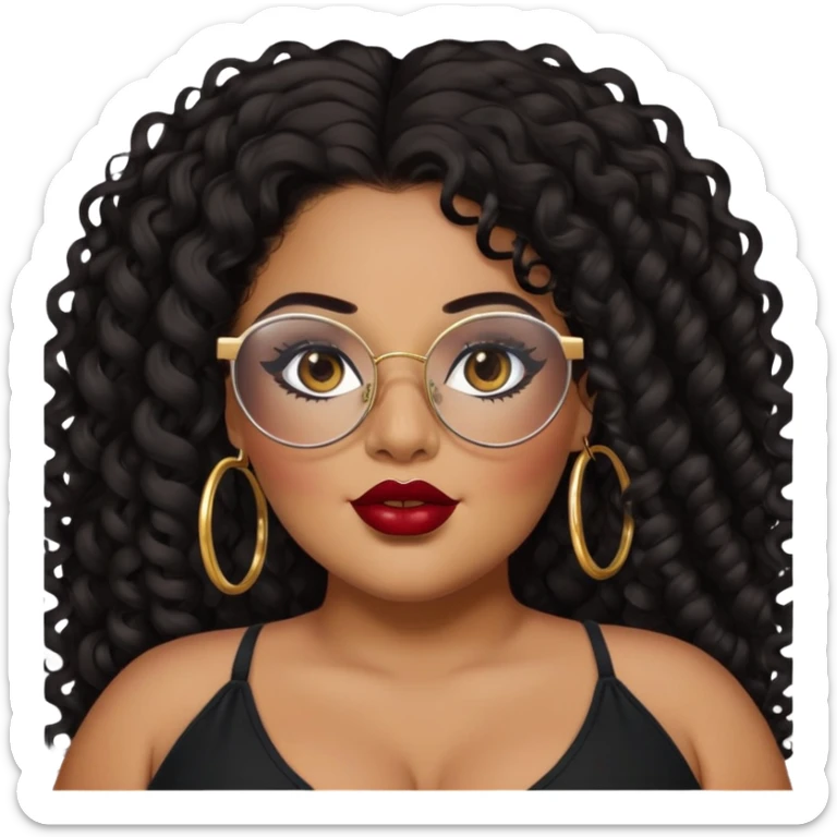 big plus size, latina, darker tan skin, gold hoops, long black curly hair, baddie,pretty, makeup, dark red lipgloss, black eyeliner, long hair, black top, black glasses sticker