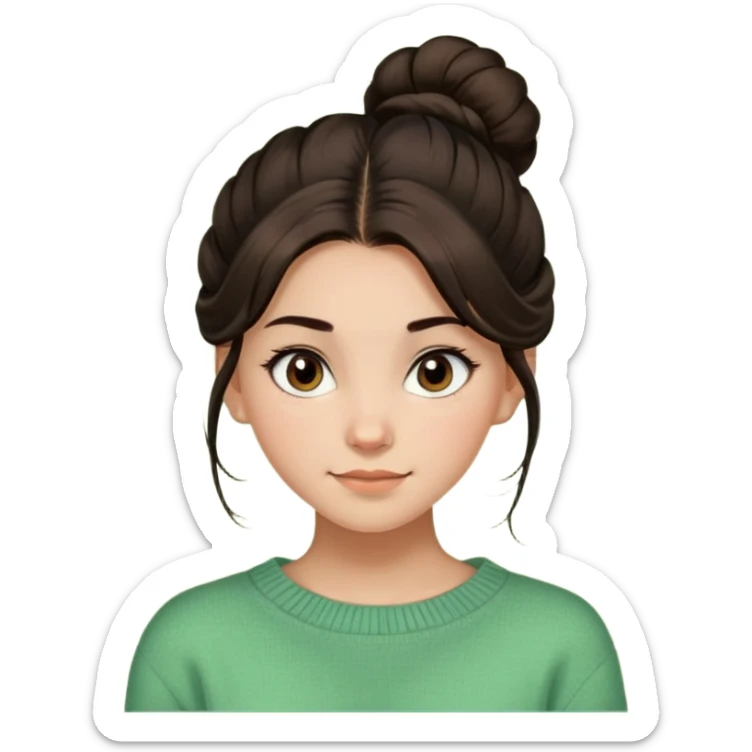 a girl with long dark brown hair with high disheveled bun in light green sweater, a slight smile, brown eyes sticker
