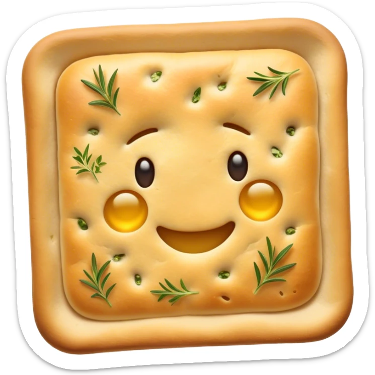 Cinematic Realistic Focaccia Bread Dish Emoji, depicted as a golden, olive oil brushed flatbread sprinkled with herbs rendered with lifelike texture and soft, appetizing lighting. sticker