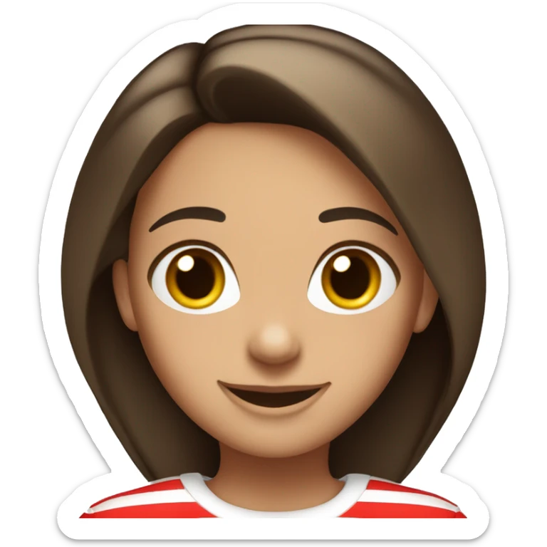Portrait of an adult girl, tanned skin, dark long straight brown hair, dark eyes, smiling, wearing a white long sleeve with red horizontal stripes. sticker