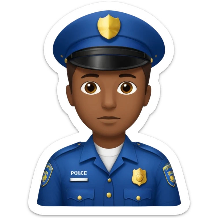 I want you to create an emoji of a sergeant, like a police officer. He should be a young guy with dark brown hair, brown eyes, medium-dark skin, shown from the chest up, and with the text “comisario morcuende” sticker