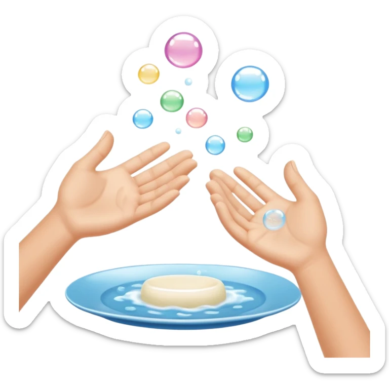 hands under running water with soap bubbles, plate of food nearby, clean and friendly sticker