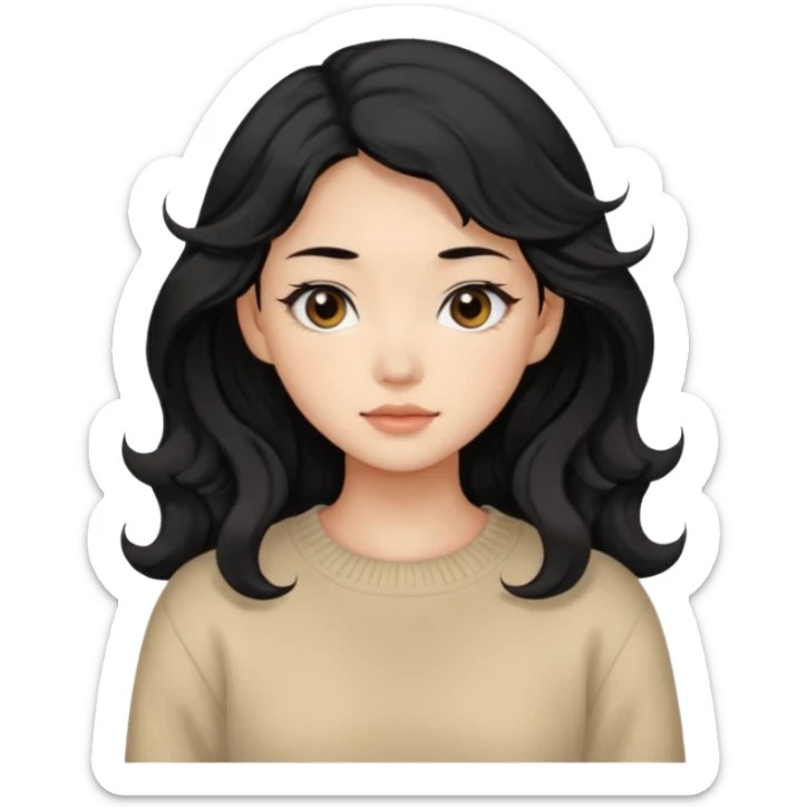 Beautiful girl,Black hair,wavy hair，long hair,Black eyes,Chinese, beige sweater  sticker