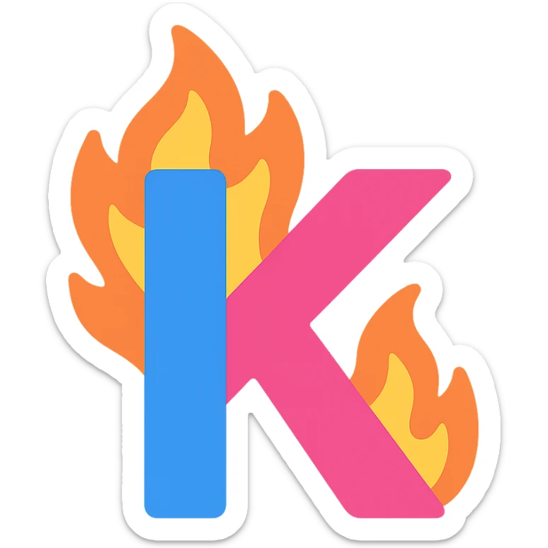 colorful letter 'K' with cartoon-style flames licking the edges sticker