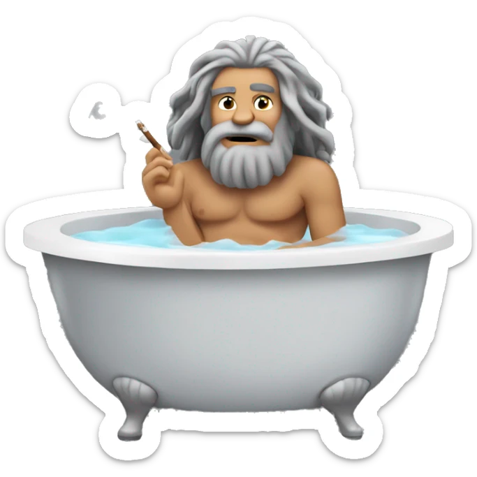 Caveman with long gray hair and a gray goatee sitting in a jacuzzi tub and smoking a joint sticker