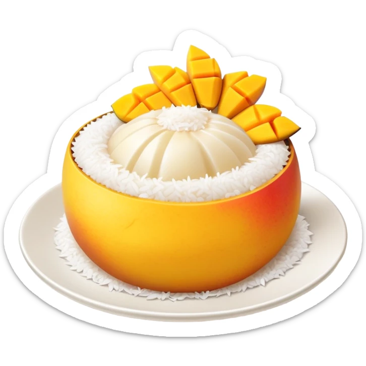 cinematic-realistic-mango-sticky-rice-dessert-emoji,-showcasing-sweet-sticky-rice out of a mould-paired-with-ripe-mango-slices-and-coconut-milk-rendered-with-lifelike-detail-and-warm,-inviting-lighting with the coconut  milk over the rice sticker