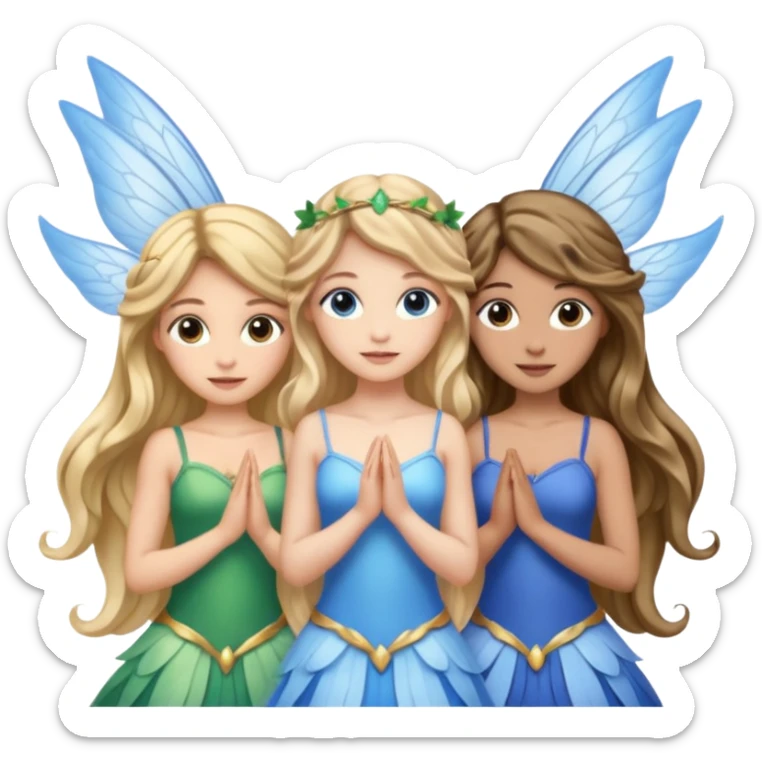 Three women as pretty fairies with wings, brown eyed light skin with dark blonde long hair and Brown eyed light skin black long wavy hair and blue eyed light skin long blonde hair sticker