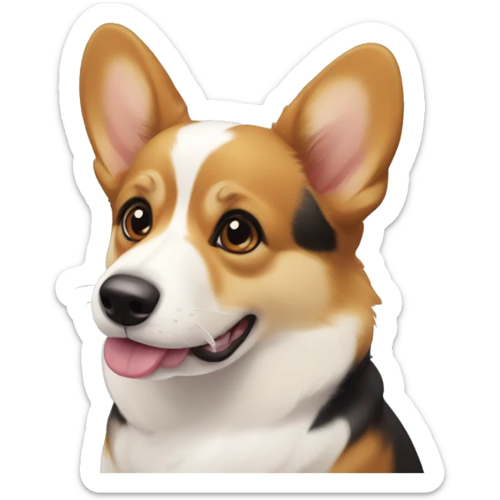 a tricolor corgi. lots of black on the head around the eyes, beige and white on the muzzle. a white spot on the forehead, sticking out the tongue sticker