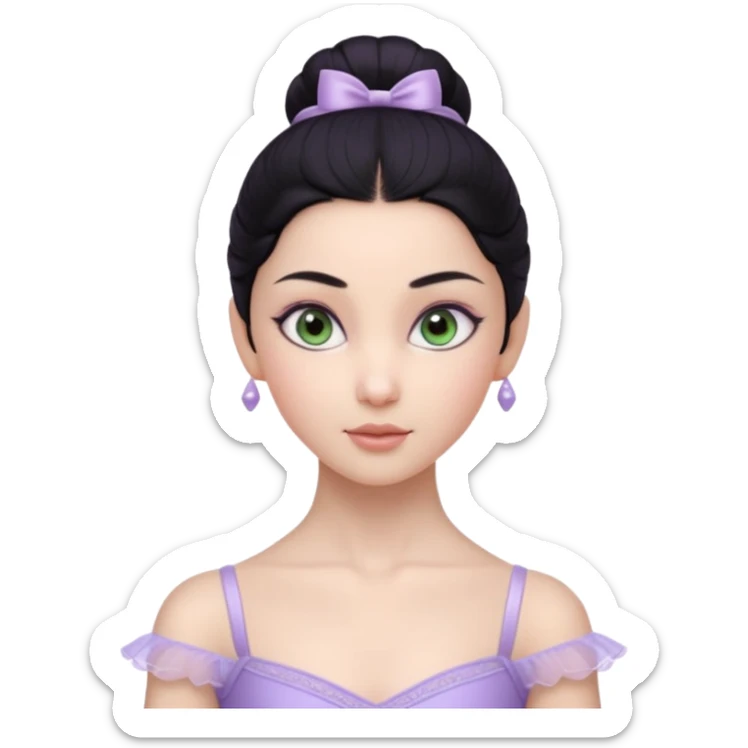 Cinematic Realistic ballerina Light Purple Portrait, depicted with lifelike skin texture, subtle rosy undertones, and soft natural lighting that enhances the gentle contours of her face. Her intricately detailed sweet black hair is elegantly styled, green eyes sticker