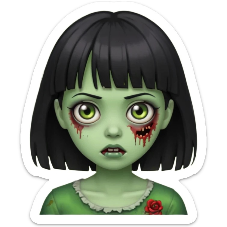 garota zumbi com franja, cabelo preto, pele esverdeada, olhos grandes, estilo emoji de iPhone sticker