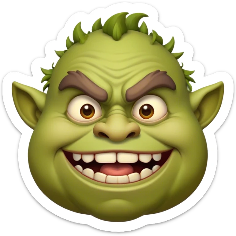 Cinematic Comical Ogre Portrait Emoji, with a strikingly exaggerated, bulky figure in vivid earthy greens and browns, head tilted in a dramatically surprised expression with wide, comically bulging eyes and a goofy, oversized grin, simplified yet hilariously exaggerated, highly detailed with a soft, cartoonish glowing outline capturing the playful absurdity of a meme-worthy ogre! sticker