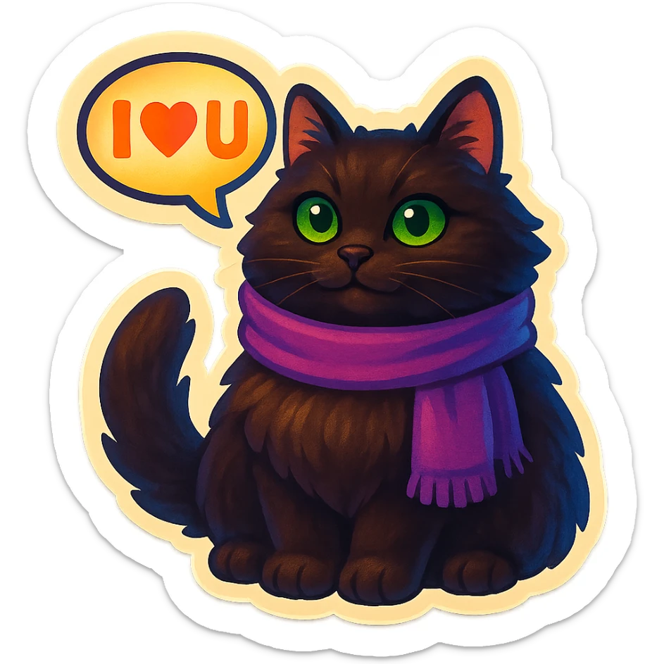 Fluffy dark-brown cat with green eyes and a purple scarf saying ‘I ♡ U’ (with a speech bubble) sticker