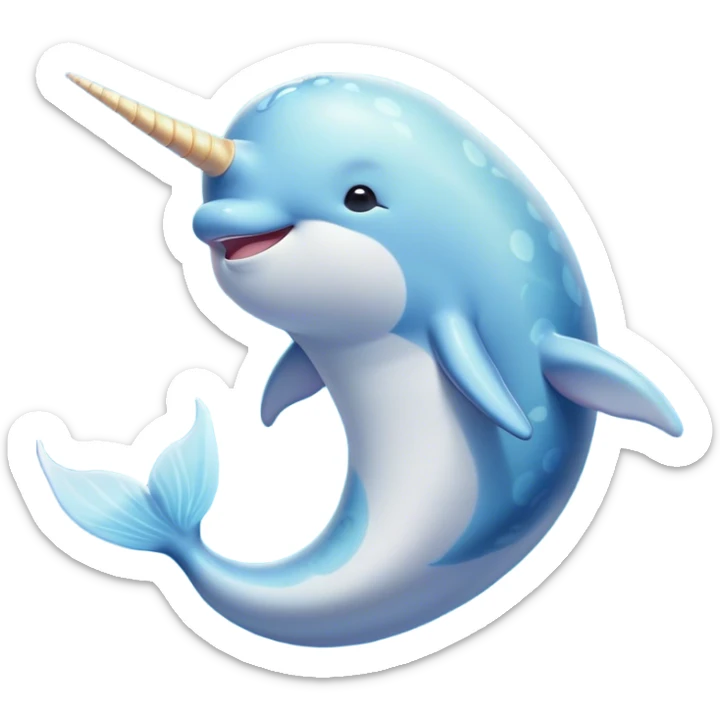 Beautiful and Majestic Cute Narwhal Portrait Emoji, Head and body rendered in serene repose with a gentle, radiant smile, showcasing a streamlined, graceful form adorned with a luminous spiraled tusk and peacefully closed eyes, Simplified yet exquisitely endearing features, highly detailed, glowing with a soft, majestic ocean light, high shine, serene and utterly enchanting, stylized with an air of magical marine splendor, soft glowing outline, capturing the essence of a beautiful and majestic cute narwhal that embodies the quiet wonder of the deep blue! sticker