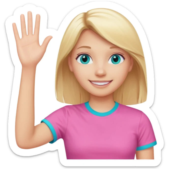 blonde girl, straight hair, turquoise eyes and pink t-shirt waving, smiling face sticker