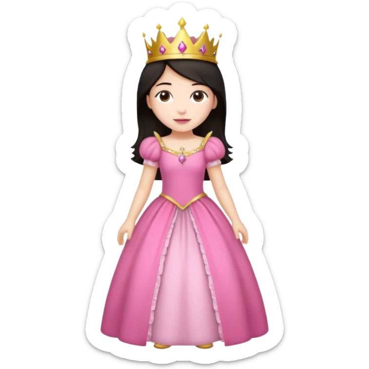 chica vestida de princesa con vestido rosa , piel blanca , pelo oscuro, corona dorada, cuerpo entero sticker