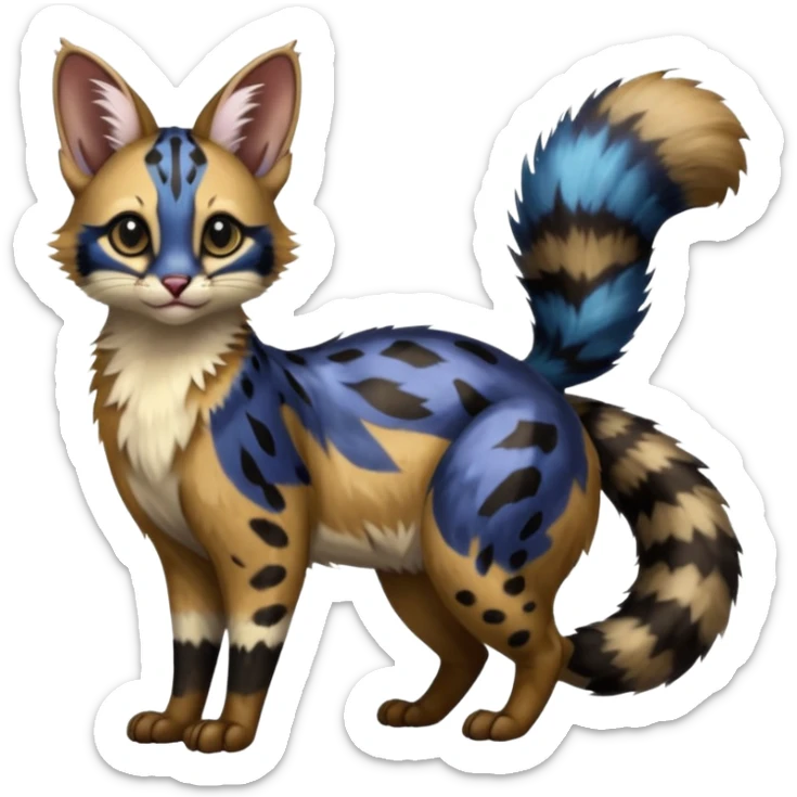  ink-black fur laced with oil-slick bronze and abyssal cobalt runes fur with random dark markings beautiful elegant pretty precious cute  Fakémon-Pokémon-opossum-feline-serval-caracal-chinchilla-Furret-Minccino-hybrid-creature with a big fluffy bushy tail (full body) sticker