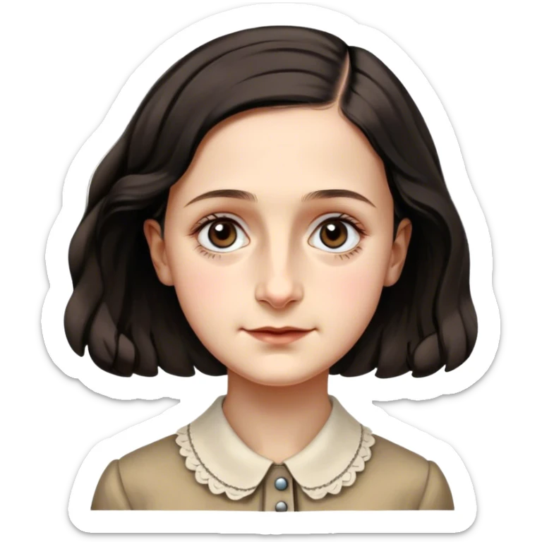 Anne Frank – Cinematic Realistic Portrait of Anne Frank, depicted with a reflective, gentle expression in period clothing, her eyes conveying hope and resilience, rendered with soft, natural lighting and delicate textures that capture the poignancy of her legacy. sticker