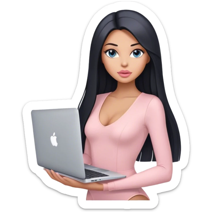 Glamours, tanned, very beautiful girl, with big pump peach-beige-rose lips, black straight smooth silky long hair, straight parting hair, blue-grey eyes, in light-pink bodysuit holding MacBook sticker