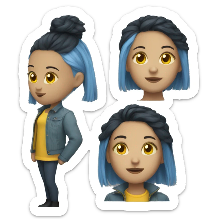 girl with short blue hair, a yellow jacket and black buttons for eyes  sticker
