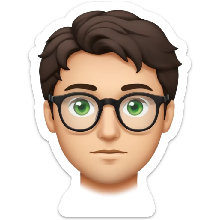 young man with dark slightly curled hair wearing glasses with green eyes and stubble sticker