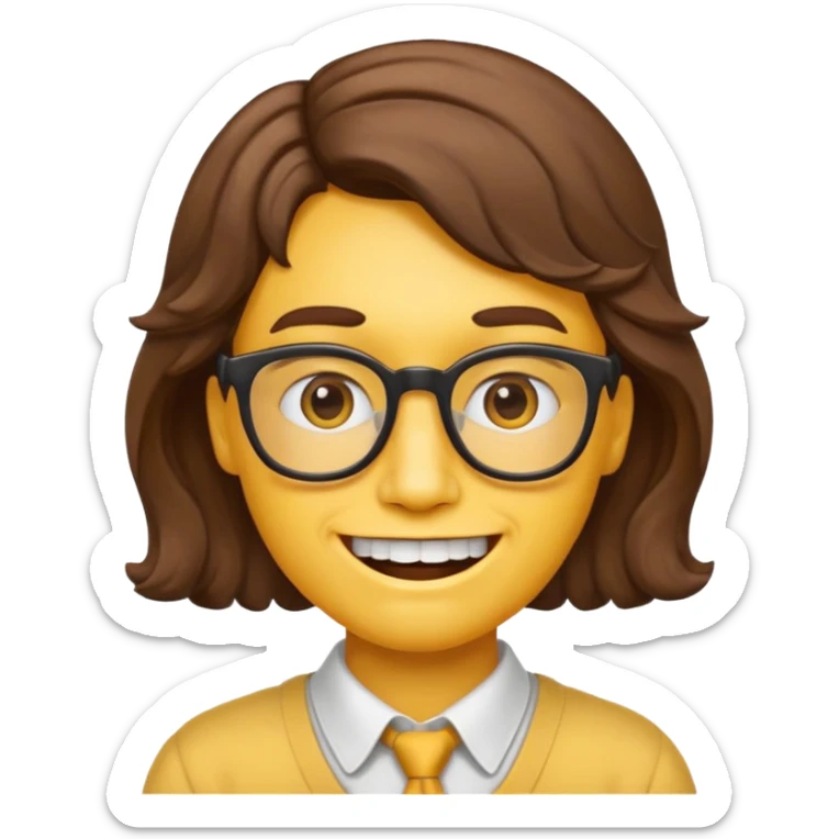 yellow face nerd emoji style with chin-length wavy brown hair and classic nerd emoji teeth sticker