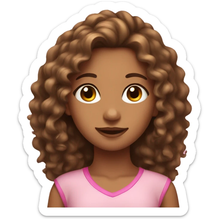 girl with long brown curly hair and tan skin wearing pink sticker